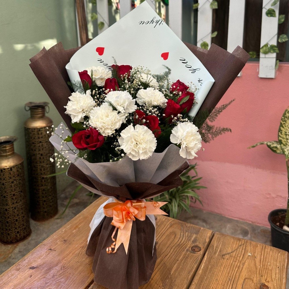 Red Rose & White Carnation Bouquet