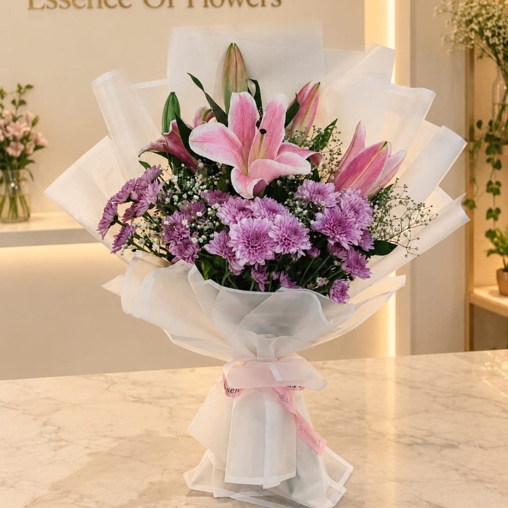 Pink Lily  & Purple Flower Bouquet