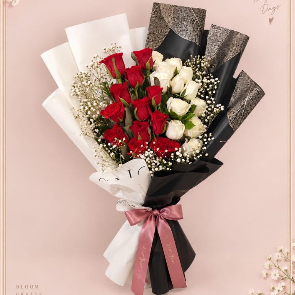 🤍 White & Red  Rose Bouquet 🩶