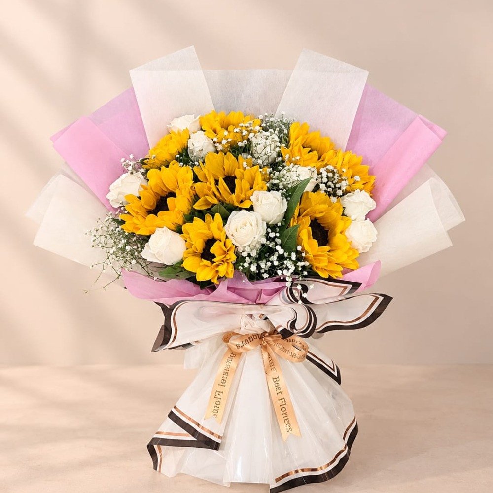 Sunflower & White Rose Bouquet