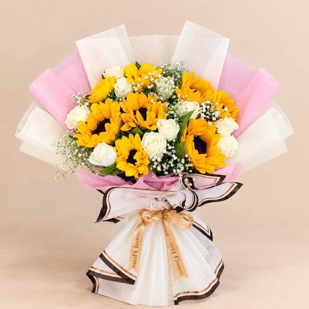Sunflower & White Rose Bouquet