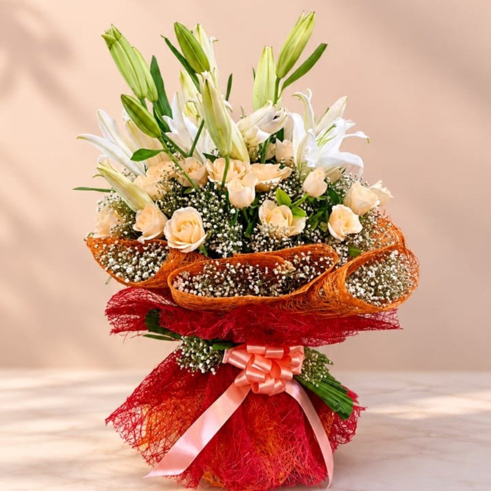 🤍 Peach & White Lily Bouquet