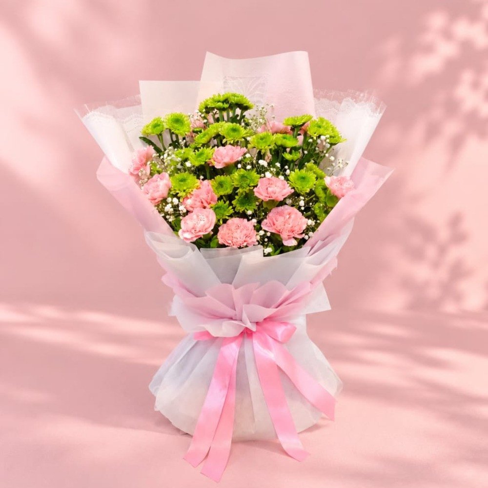 💕 Pink & Green Fresh Flower Bouquet